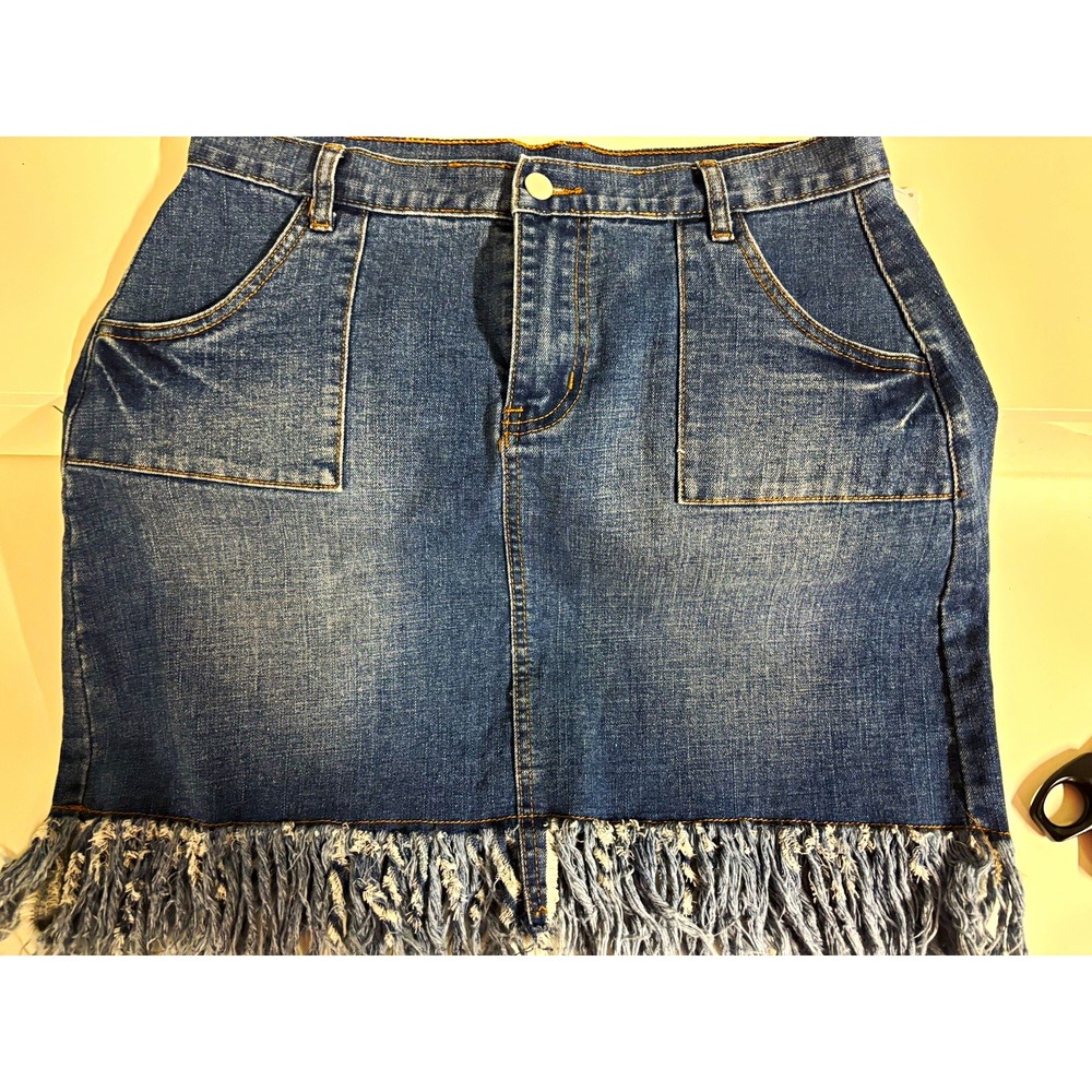 Hayden Womens Blue Stretch Denim Fringe Hem Mini Skirt Retro H3543 L